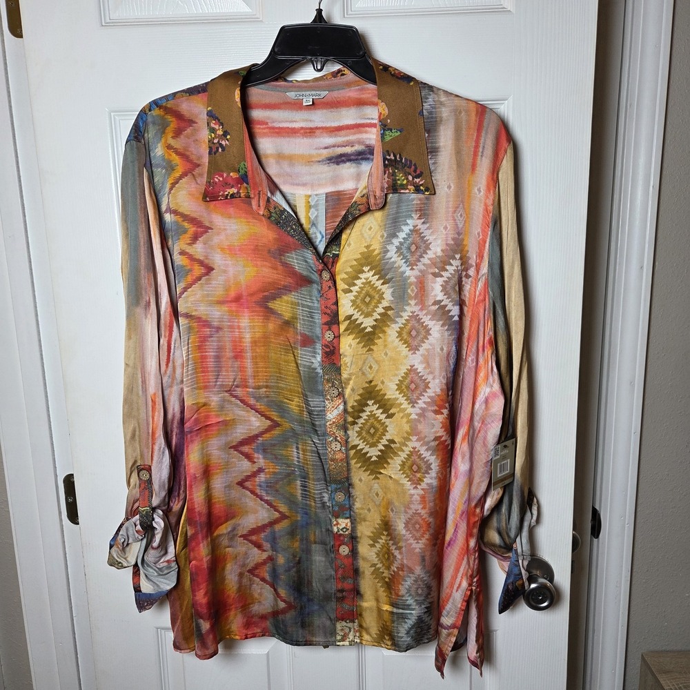 John Mark sz 3X autumn hues button up top NWT aztec floral wearable art fall